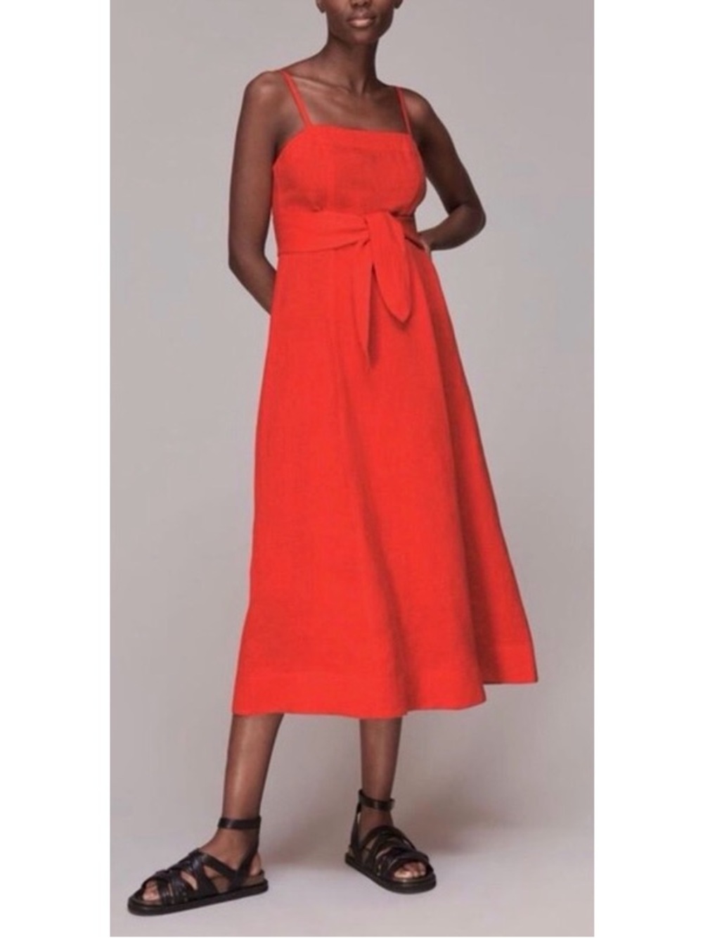 Whistles 100% Linen Tie Front Strappy Midi Dress Size 8 Red